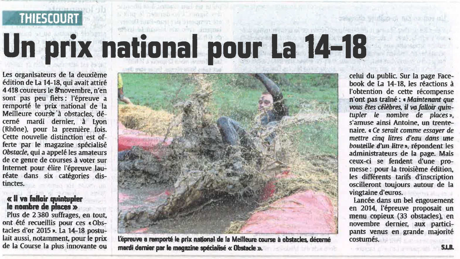Article du courrier picard La 14-18 de Thiescourt, obstacle d'or meilleure course à obstacles 2015 en France
